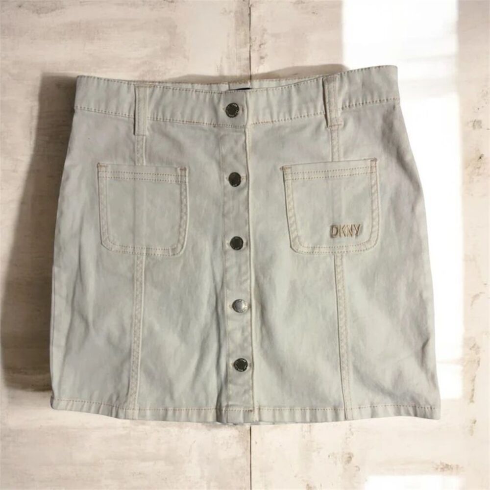 DKNY White Vintage Denim Button Up Mini Skirt Patch Pockets
